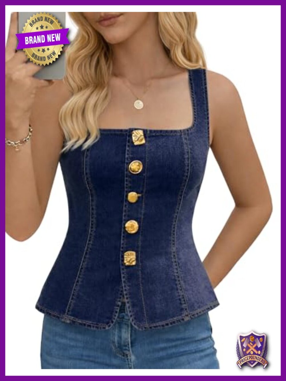 Sleeveless Denim Vest Square Neck Hidden Side Zipper Stretch Cotton